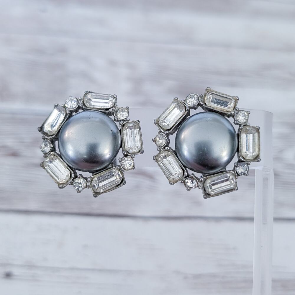 Vintage Clip On Earrings Large Metallic with Clear Gems